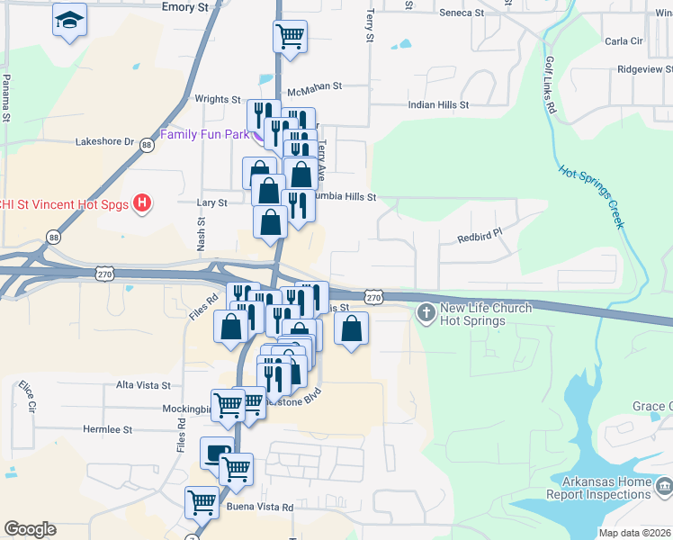 map of restaurants, bars, coffee shops, grocery stores, and more near 201 Television Hill Road in Hot Springs