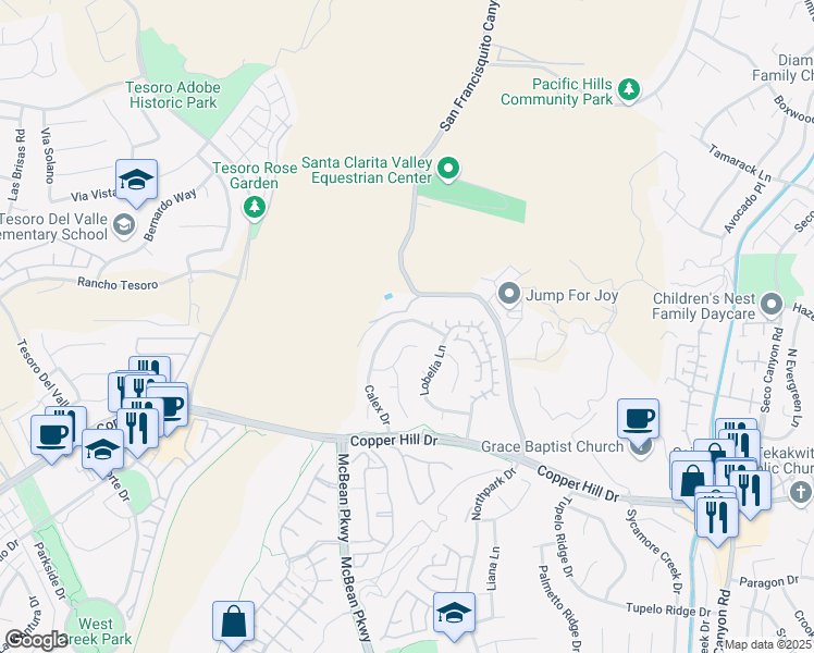 map of restaurants, bars, coffee shops, grocery stores, and more near 28510 Calex Drive in Santa Clarita