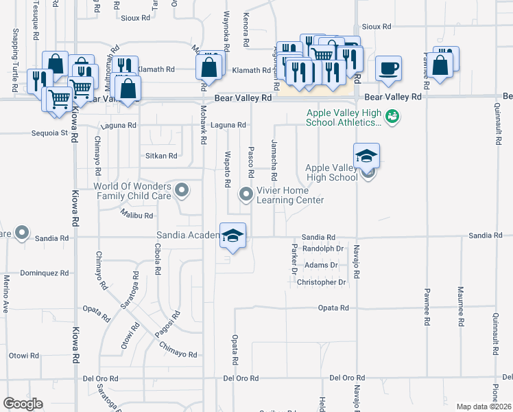map of restaurants, bars, coffee shops, grocery stores, and more near 11785 Pasco Road in Apple Valley