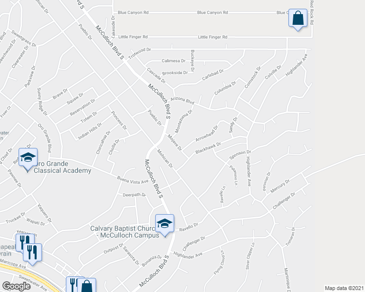 map of restaurants, bars, coffee shops, grocery stores, and more near 3941 Arrowhead Drive in Lake Havasu City