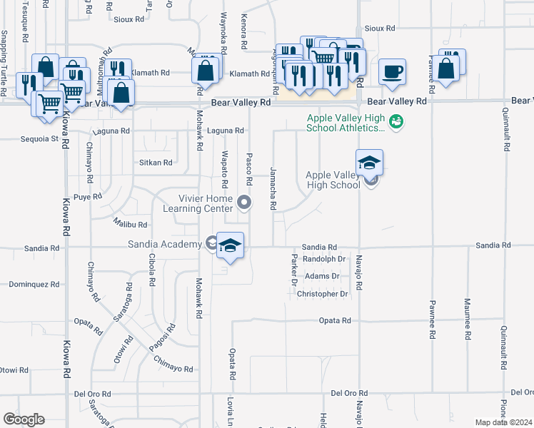 map of restaurants, bars, coffee shops, grocery stores, and more near 11780 Jamacha Road in Apple Valley