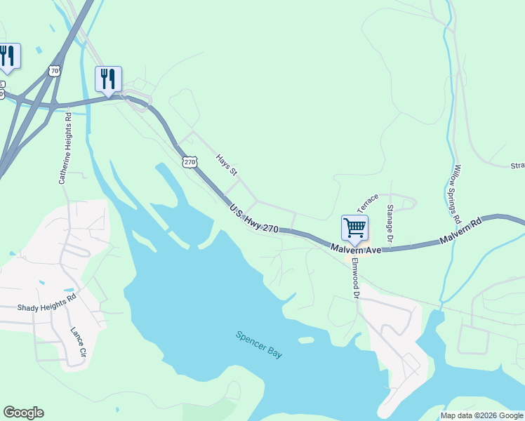 map of restaurants, bars, coffee shops, grocery stores, and more near 3505 Malvern Road in Garland County