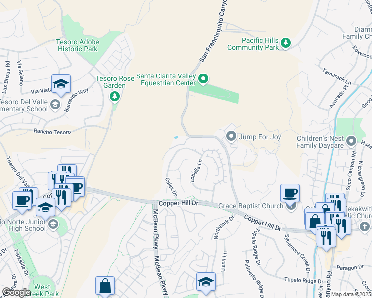 map of restaurants, bars, coffee shops, grocery stores, and more near 28510 Calex Drive in Santa Clarita