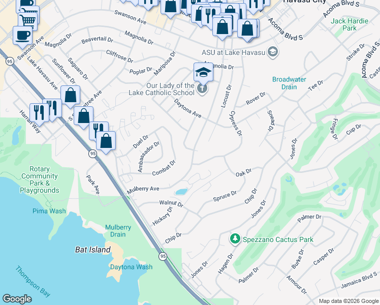 map of restaurants, bars, coffee shops, grocery stores, and more near 300-398 Mulberry Ave in Lake Havasu City
