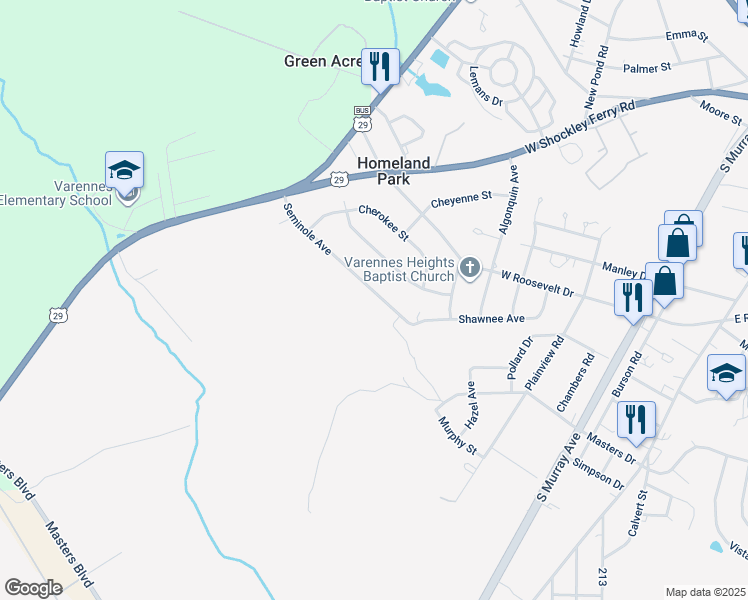 map of restaurants, bars, coffee shops, grocery stores, and more near 3910 Seminole Avenue in Anderson