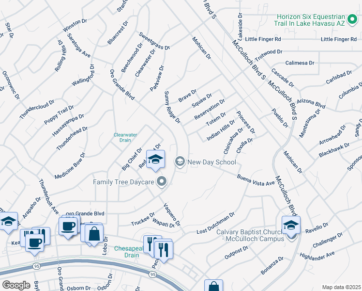 map of restaurants, bars, coffee shops, grocery stores, and more near 1231 Sunny Ridge Drive in Lake Havasu City