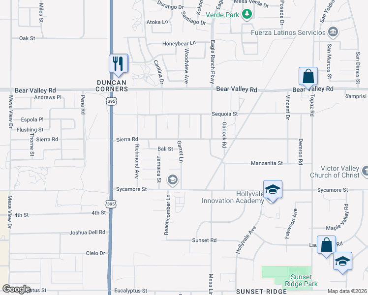 map of restaurants, bars, coffee shops, grocery stores, and more near 11863 Garret Lane in Victorville