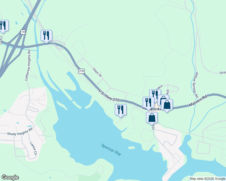 map of restaurants, bars, coffee shops, grocery stores, and more near 3505 Malvern Road in Garland County