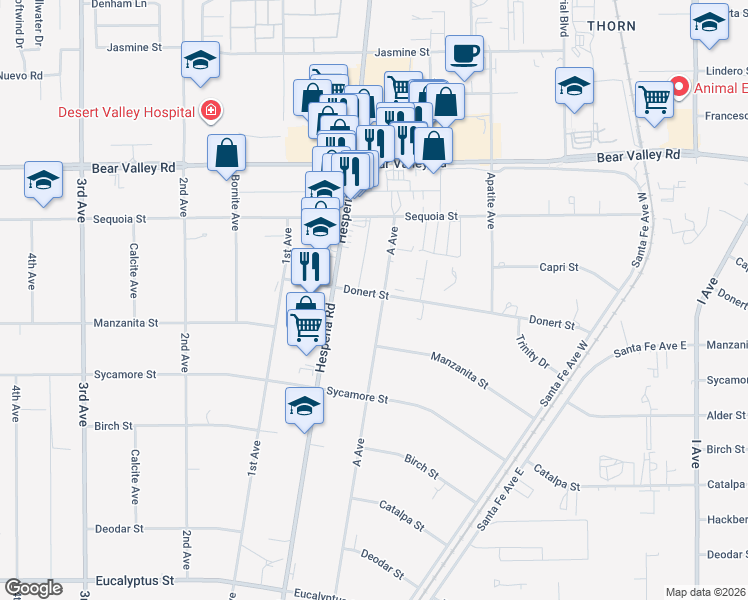 map of restaurants, bars, coffee shops, grocery stores, and more near 17077 Donert Street in Hesperia