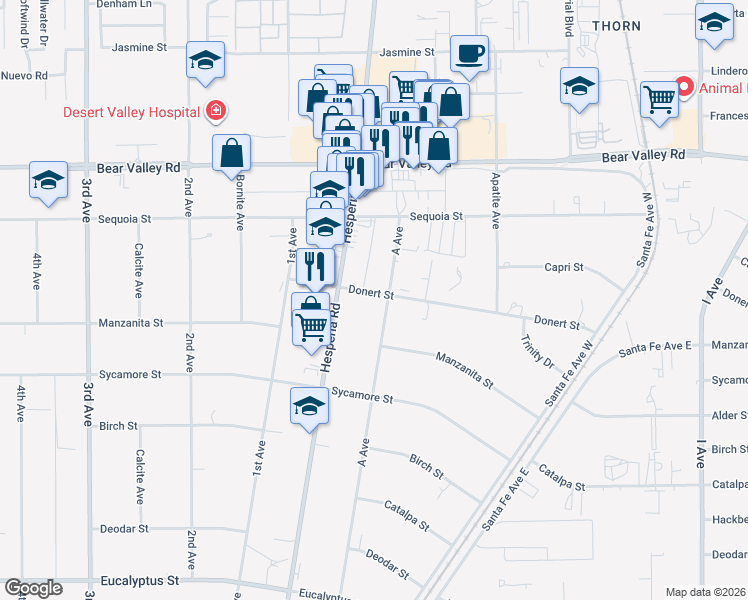map of restaurants, bars, coffee shops, grocery stores, and more near 17077 Donert Street in Hesperia