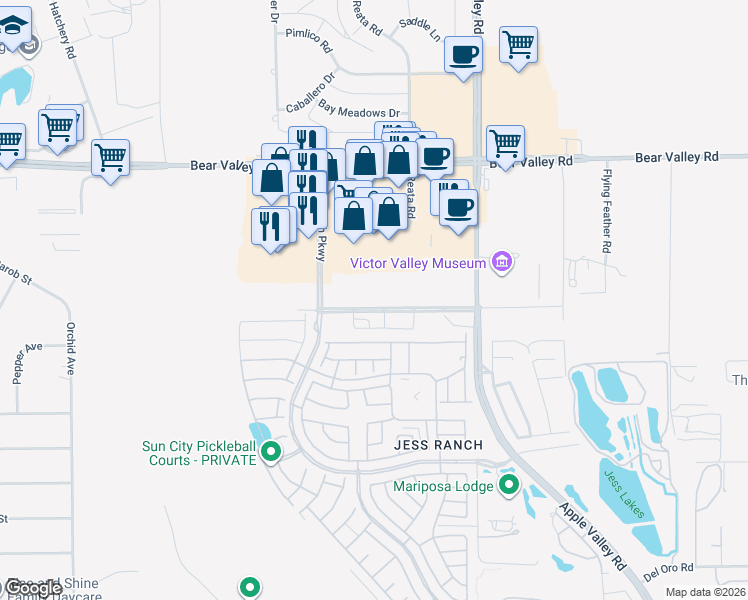 map of restaurants, bars, coffee shops, grocery stores, and more near Town Center Drive in Apple Valley