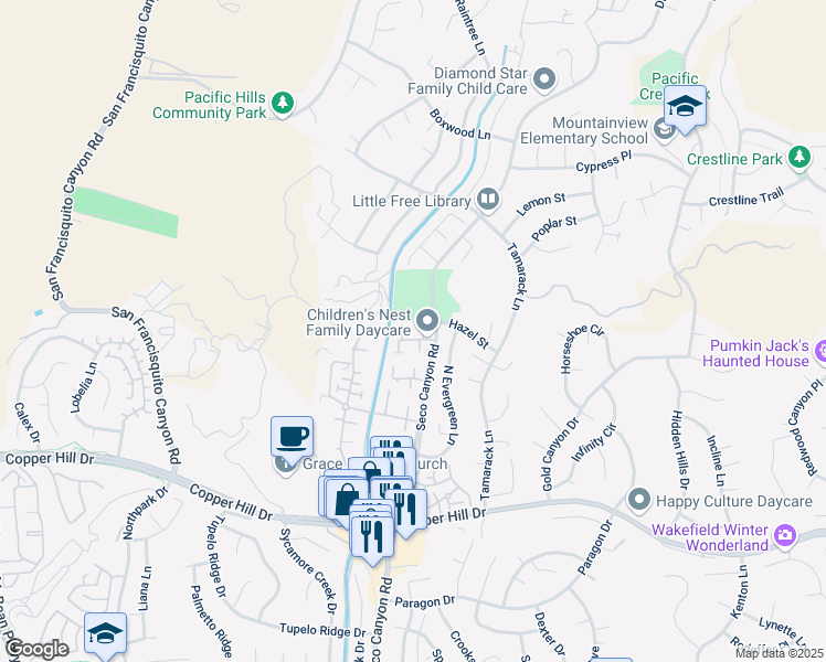 map of restaurants, bars, coffee shops, grocery stores, and more near in Santa Clarita