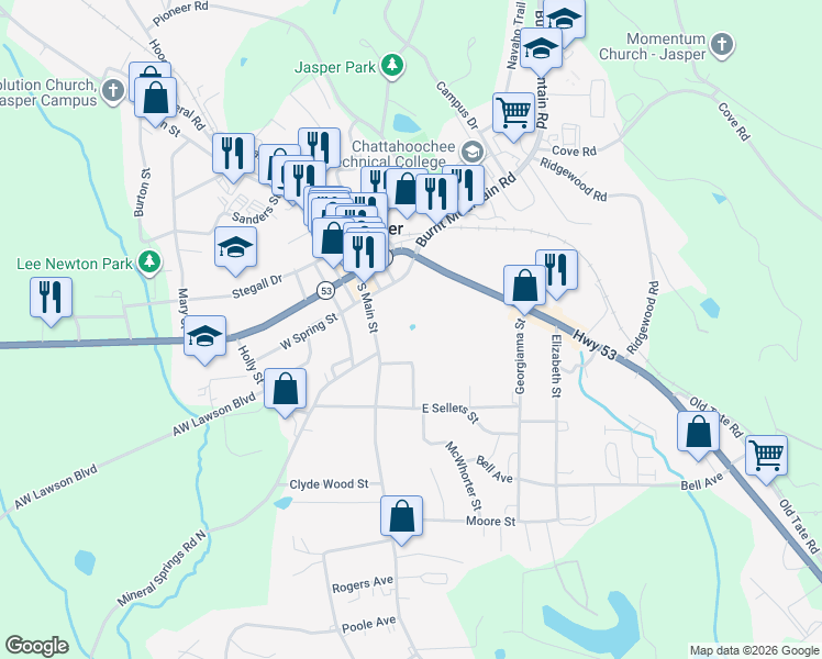 map of restaurants, bars, coffee shops, grocery stores, and more near 80 East Spring Street in Jasper