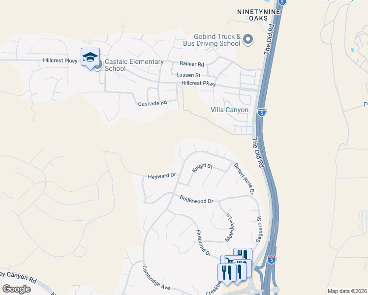 map of restaurants, bars, coffee shops, grocery stores, and more near 30175 Thorne Court in Castaic