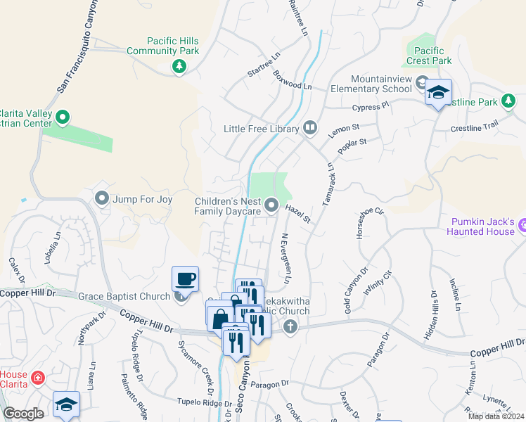 map of restaurants, bars, coffee shops, grocery stores, and more near in Santa Clarita