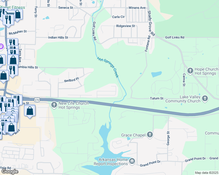 map of restaurants, bars, coffee shops, grocery stores, and more near 112 Forest View Court in Hot Springs