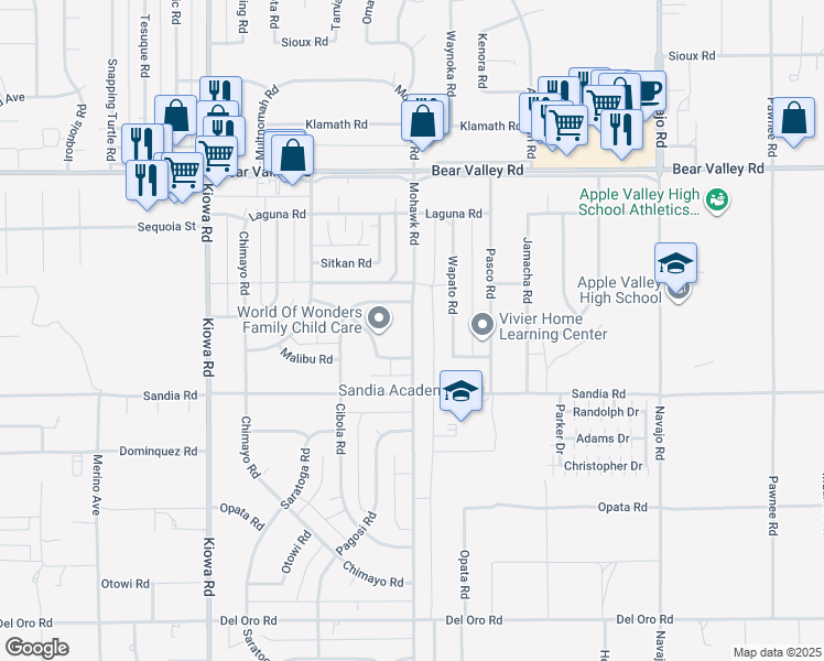 map of restaurants, bars, coffee shops, grocery stores, and more near Mohawk Road in Apple Valley