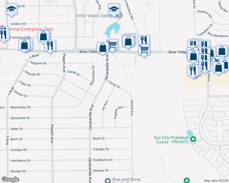 map of restaurants, bars, coffee shops, grocery stores, and more near 11843 Ivy Avenue in Hesperia
