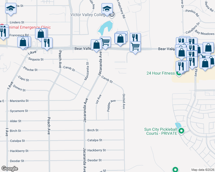 map of restaurants, bars, coffee shops, grocery stores, and more near 11843 Ivy Avenue in Hesperia