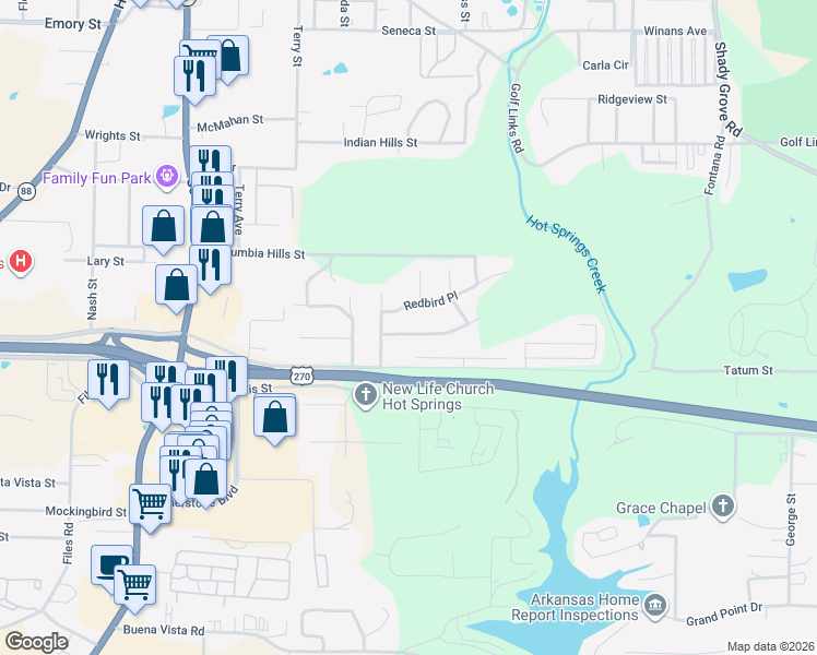 map of restaurants, bars, coffee shops, grocery stores, and more near 105 Southern Hills Drive in Hot Springs