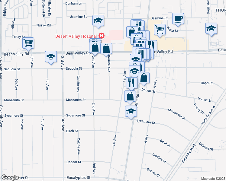 map of restaurants, bars, coffee shops, grocery stores, and more near 11893 Bornite Avenue in Hesperia