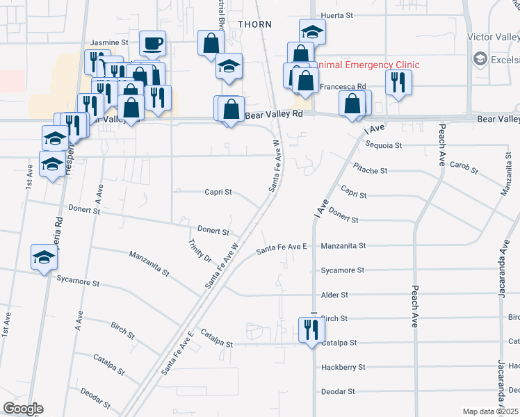 map of restaurants, bars, coffee shops, grocery stores, and more near Santa Fe Ave W & Capri St in Hesperia