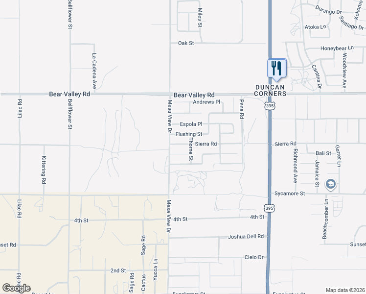 map of restaurants, bars, coffee shops, grocery stores, and more near 11745 Sierra Road in Victorville