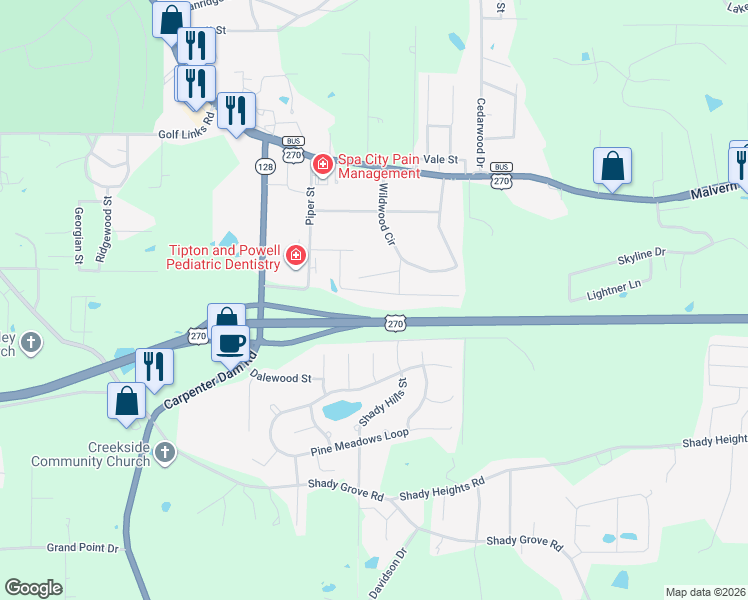 map of restaurants, bars, coffee shops, grocery stores, and more near 145 Larkspur Court in Hot Springs