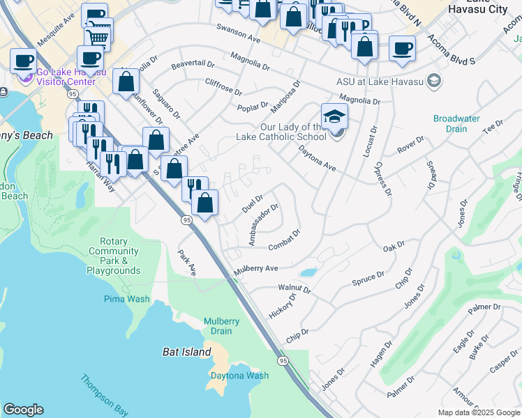 map of restaurants, bars, coffee shops, grocery stores, and more near 1817 Ambassador Drive in Lake Havasu City