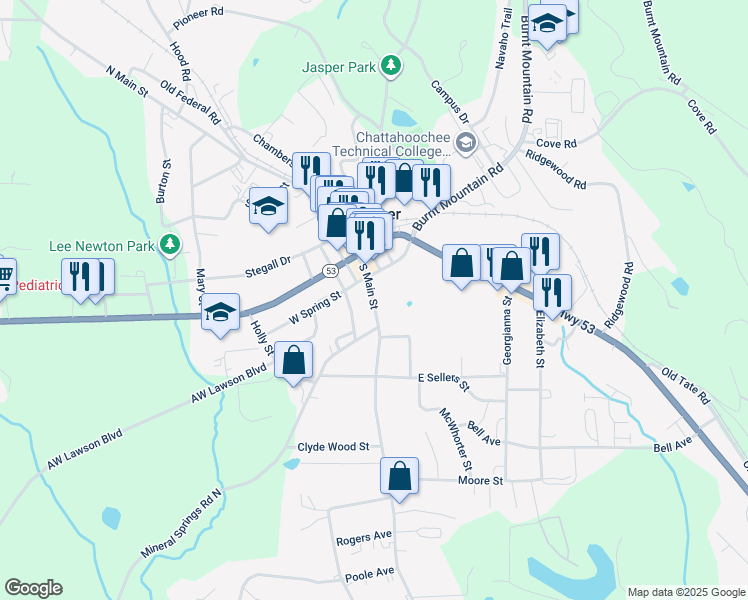 map of restaurants, bars, coffee shops, grocery stores, and more near 81 South Main Street in Jasper