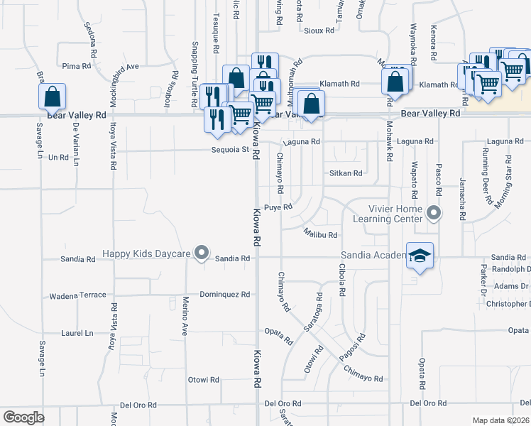 map of restaurants, bars, coffee shops, grocery stores, and more near 11830 Puye Road in Apple Valley