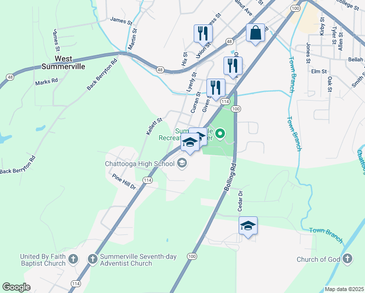 map of restaurants, bars, coffee shops, grocery stores, and more near 989 Georgia 114 in Summerville