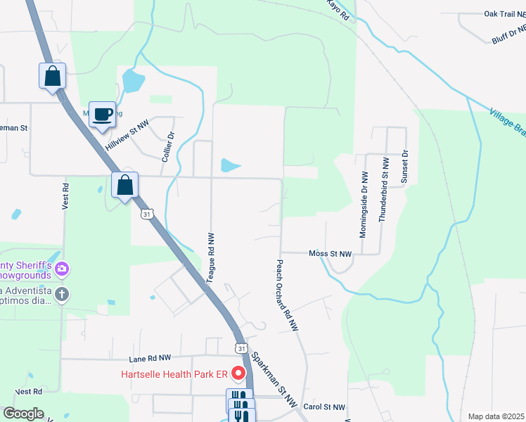 map of restaurants, bars, coffee shops, grocery stores, and more near 1959 Peach Orchard Road Northwest in Hartselle