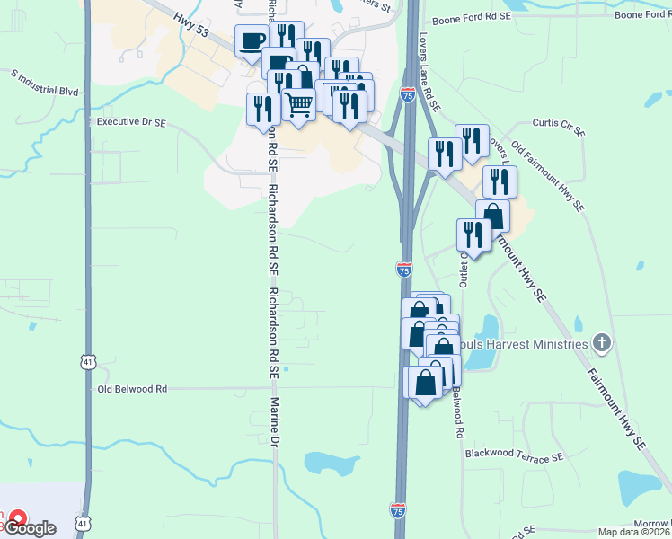 map of restaurants, bars, coffee shops, grocery stores, and more near 220 Porch Loop Southeast in Calhoun