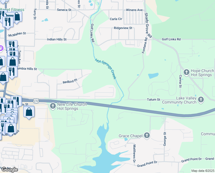 map of restaurants, bars, coffee shops, grocery stores, and more near 112 Forest View Court in Hot Springs