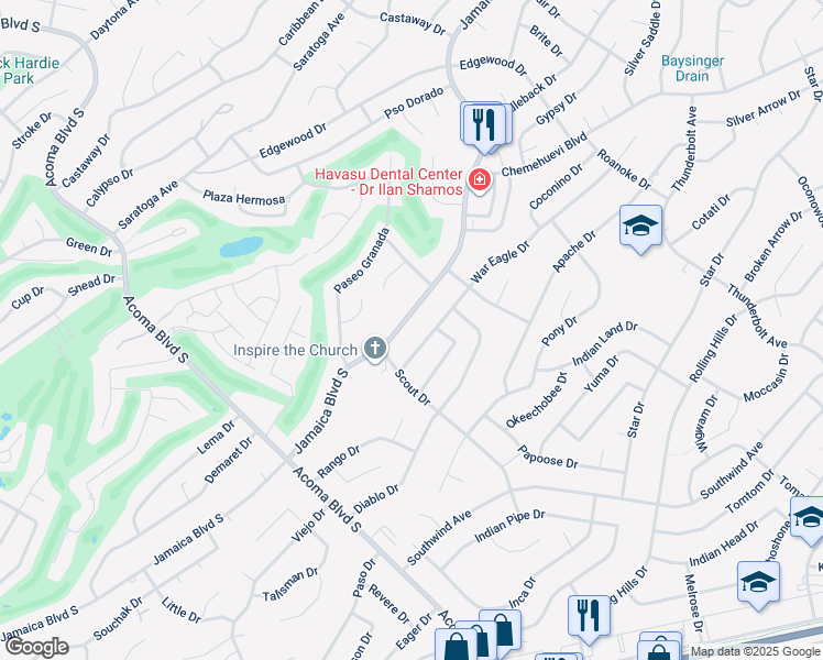 map of restaurants, bars, coffee shops, grocery stores, and more near 2770 Jamaica Boulevard South in Lake Havasu City