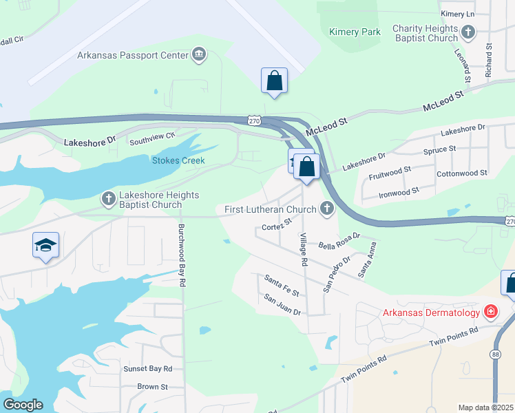 map of restaurants, bars, coffee shops, grocery stores, and more near 804 Lakeshore Drive in Hot Springs