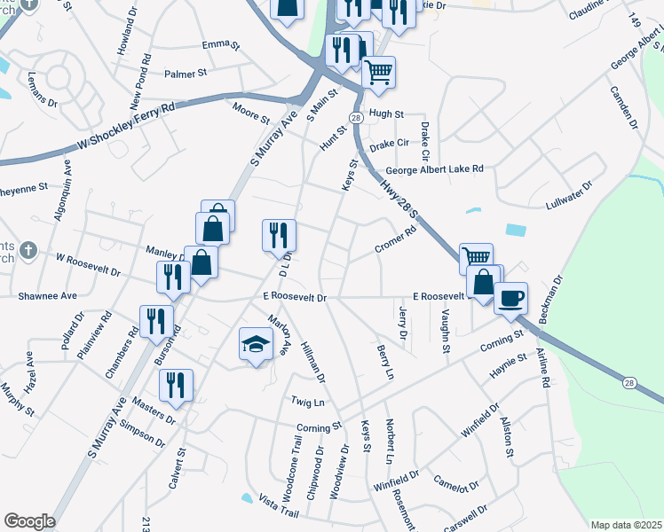 map of restaurants, bars, coffee shops, grocery stores, and more near 3229 Keys Street in Anderson