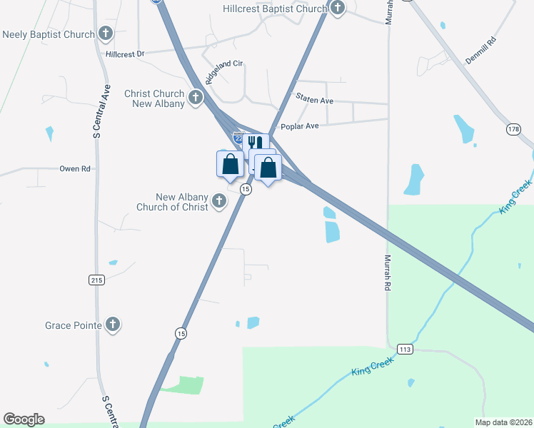 map of restaurants, bars, coffee shops, grocery stores, and more near 500 Mississippi 15 in New Albany