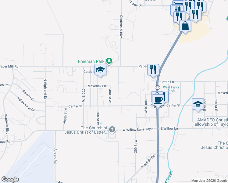 map of restaurants, bars, coffee shops, grocery stores, and more near 45 400 Street West in Taylor