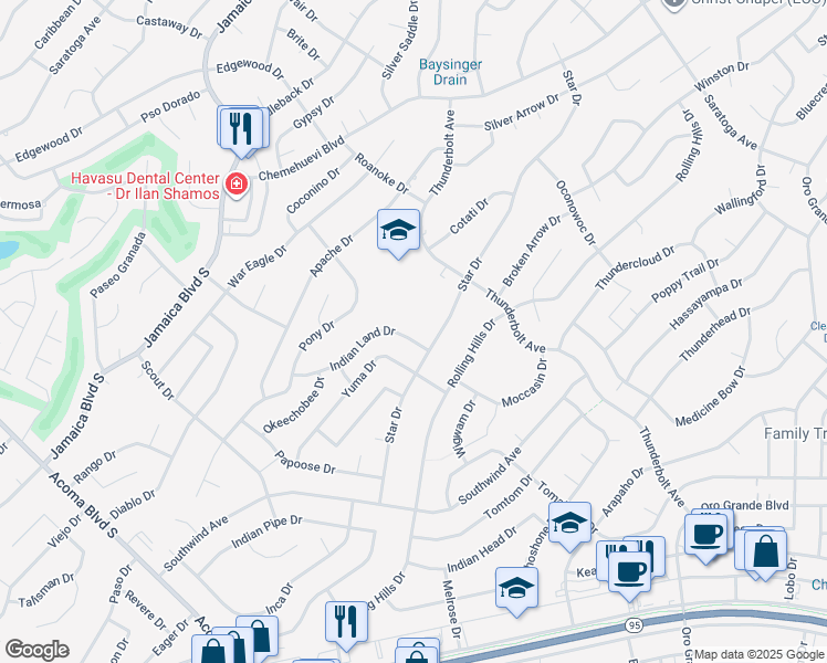 map of restaurants, bars, coffee shops, grocery stores, and more near 2971 Indian Land Drive in Lake Havasu City