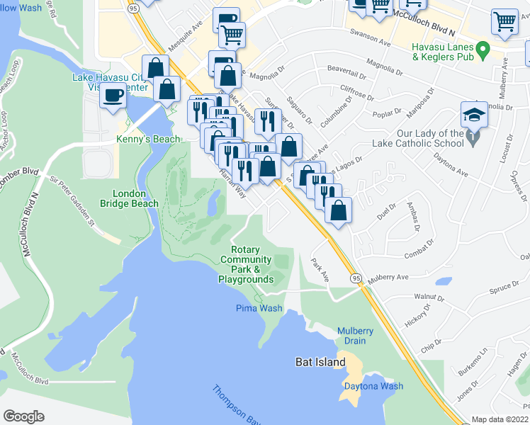 map of restaurants, bars, coffee shops, grocery stores, and more near 1650 South Smoketree Avenue in Lake Havasu City
