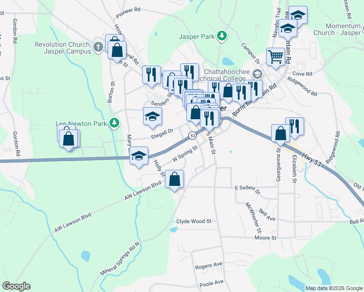 map of restaurants, bars, coffee shops, grocery stores, and more near 85 West Church Street in Jasper