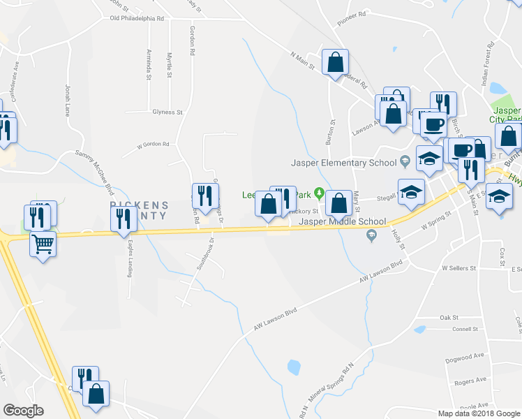 map of restaurants, bars, coffee shops, grocery stores, and more near 51 Bryant Street in Jasper