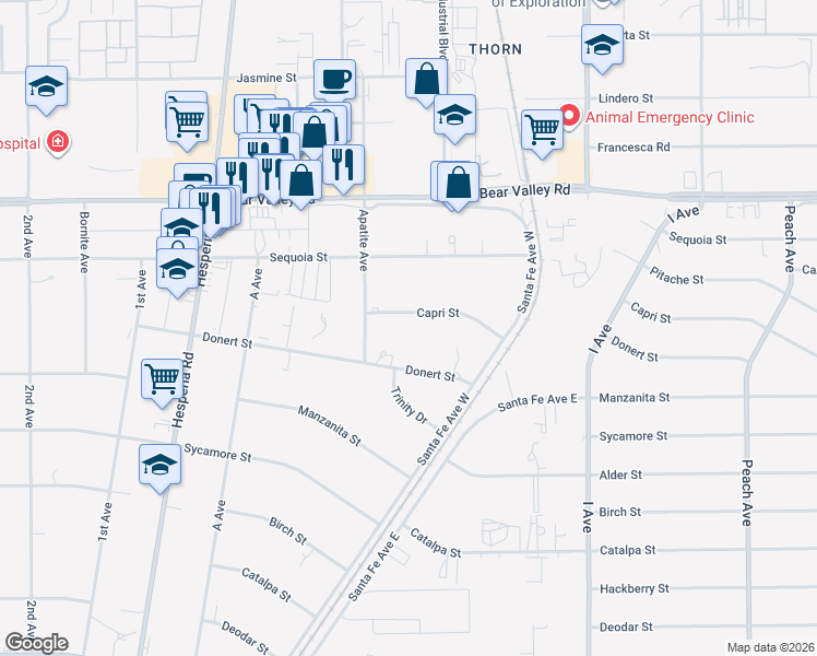 map of restaurants, bars, coffee shops, grocery stores, and more near 17339 Capri Street in Hesperia