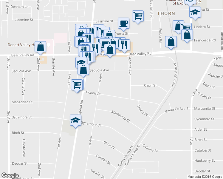 map of restaurants, bars, coffee shops, grocery stores, and more near 17184 Donert Street in Hesperia