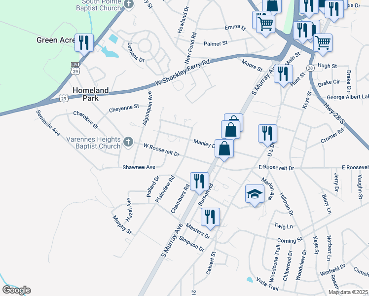 map of restaurants, bars, coffee shops, grocery stores, and more near 227 Manley Drive in Anderson