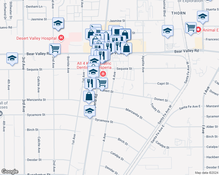 map of restaurants, bars, coffee shops, grocery stores, and more near A Avenue in Hesperia