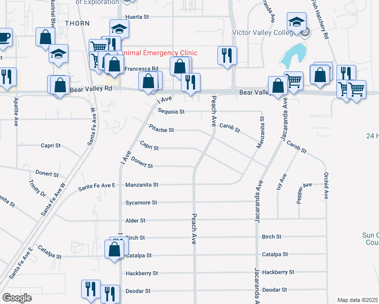 map of restaurants, bars, coffee shops, grocery stores, and more near 17965 Capri Street in Hesperia