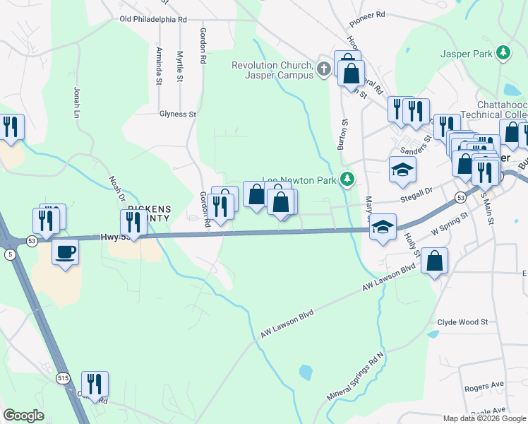 map of restaurants, bars, coffee shops, grocery stores, and more near 67 Bryant Street in Jasper